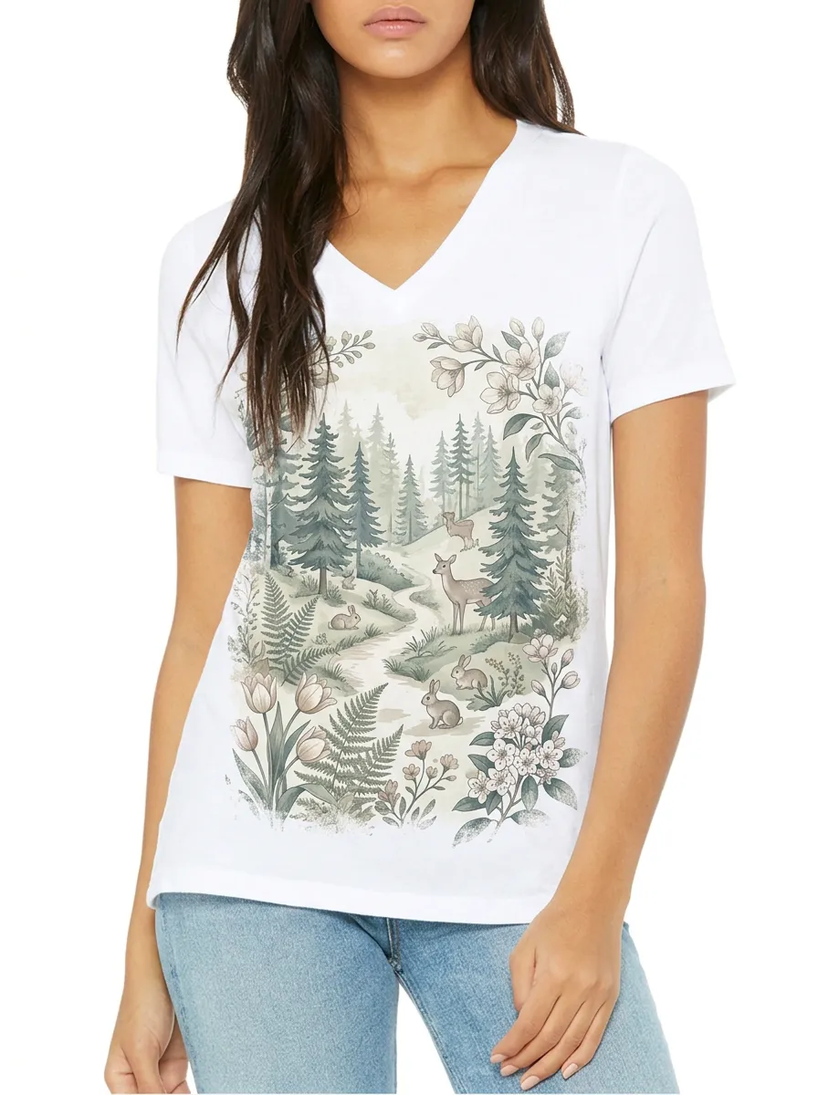 Women's Nature Lover Forest Deer Rabbit Printed V-neck T-shirt