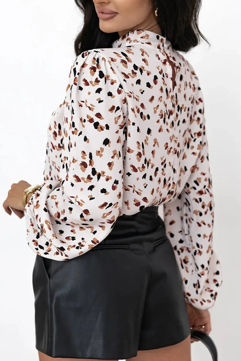 Leopard Print Pleated Puff Sleeve Blouse