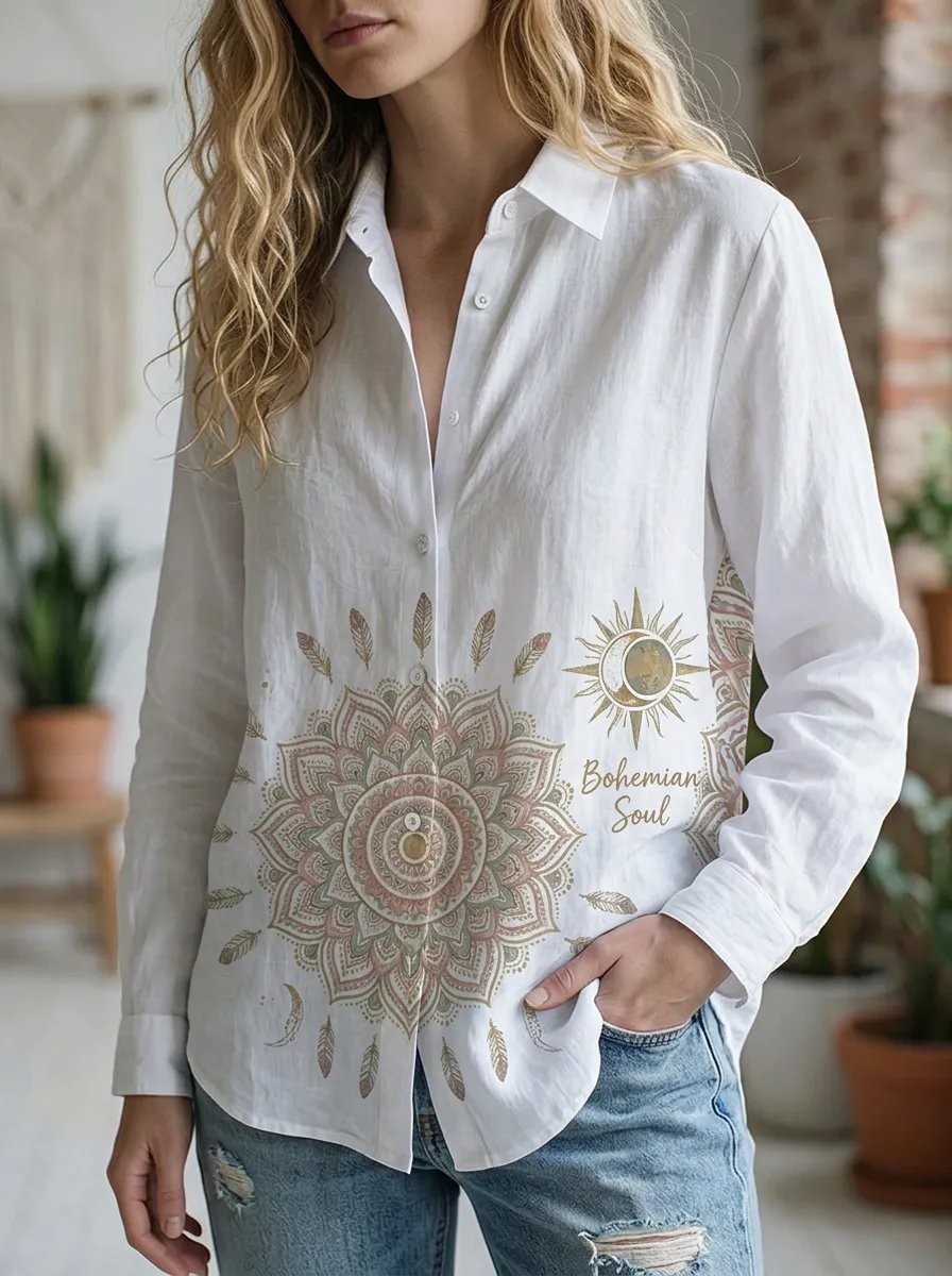 Women's Bohemian Soul Mandala Sun Moon Printed Button-Down Shirt