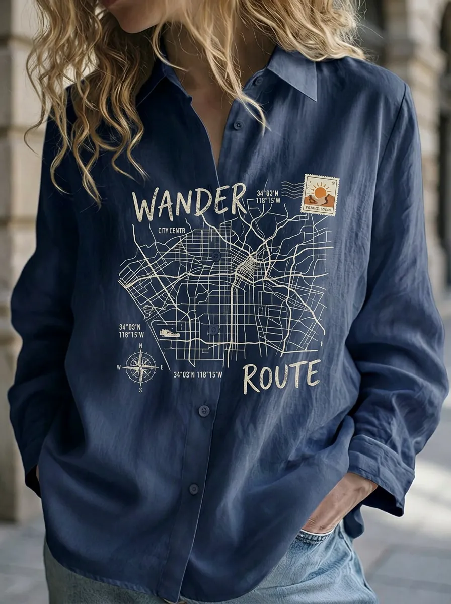 Women's Travel Lover City Map Wander Route Printed Shirt