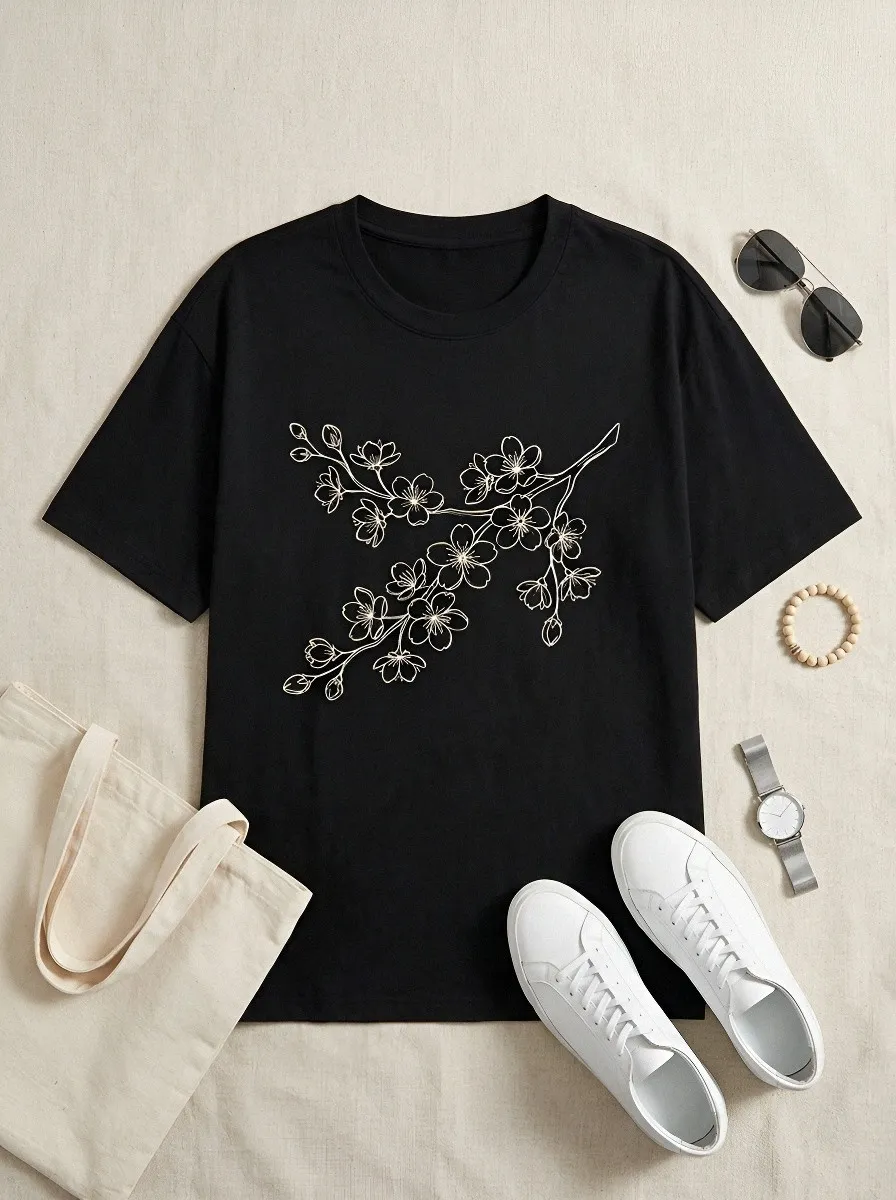 Unisex Nature Lover Cherry Blossom Line Art Printed T-shirt