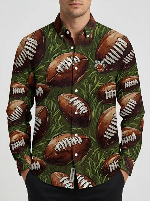 Men's Heritage American Football Fan Grass Pattern Printed Button-Down Shirt