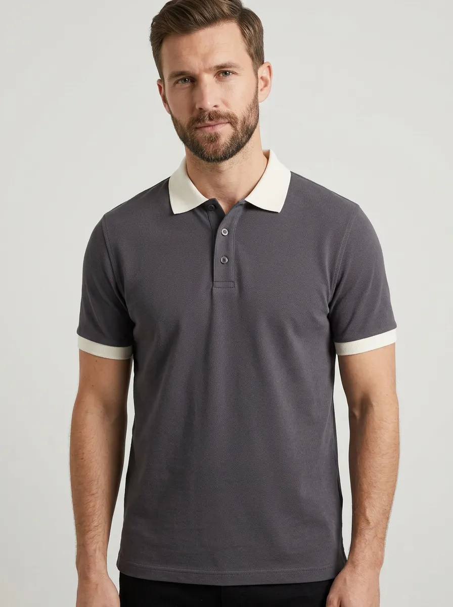 Men's Modern Knit Ribbed Textured Contrast-Collar Contrast-Trim Polo Shirt