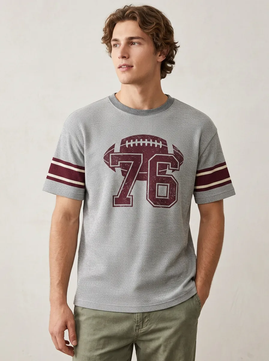 Men's American Football Fan 76 Number Printed Waffle T-shirt