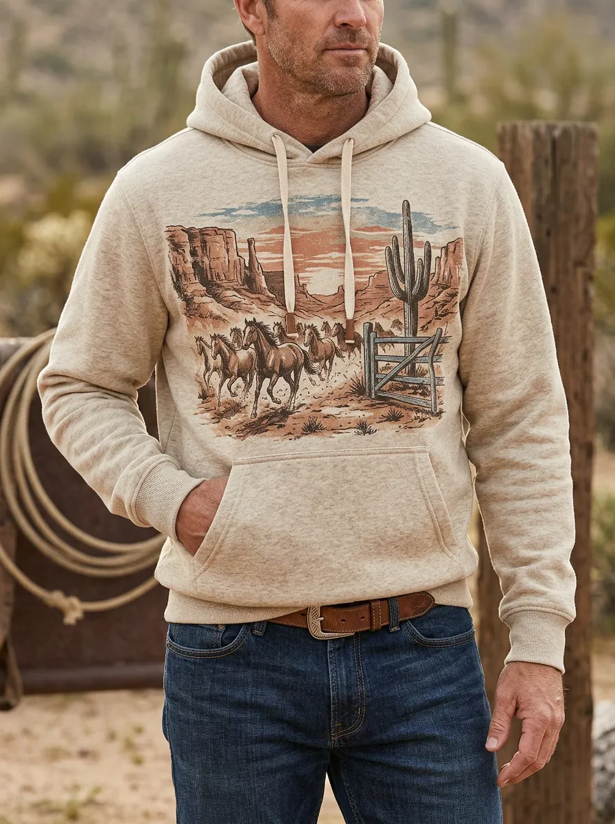 Men's Classic Western Cowboy Horse Cactus Desert Graphic Hoodie