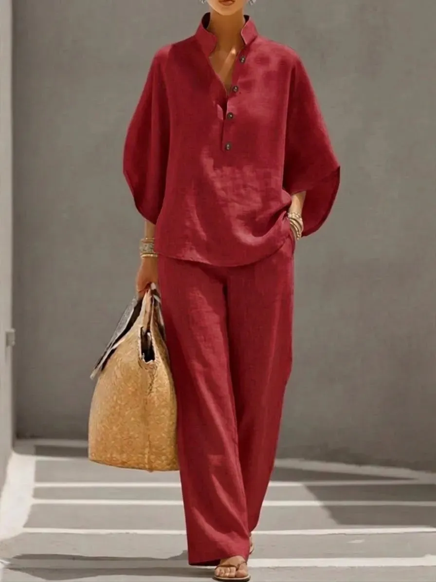 🔥 🔥Women's Batwing Sleeve Two-Piece Set – Casual Shirt & Wide Leg Pants Outfit
