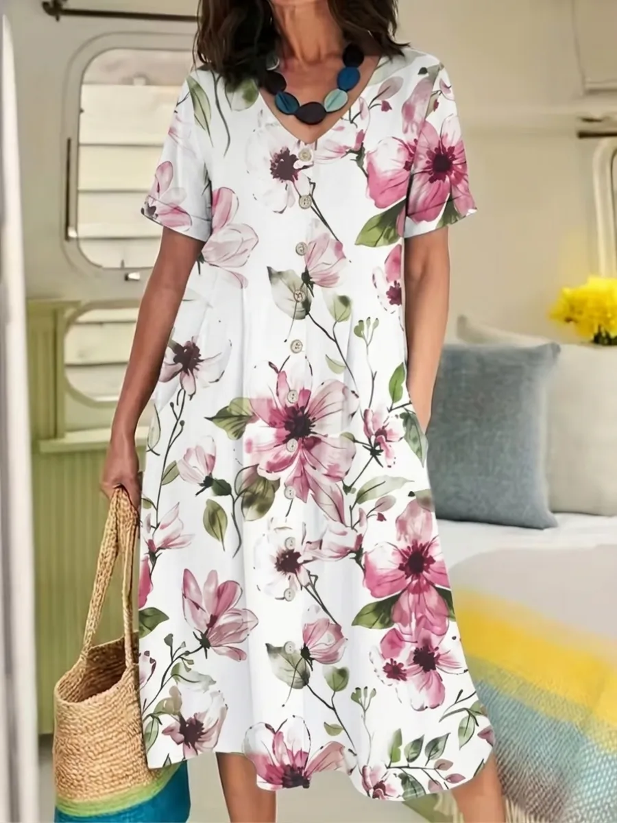 Women's Cotton And Linen Floral Printed Dress
