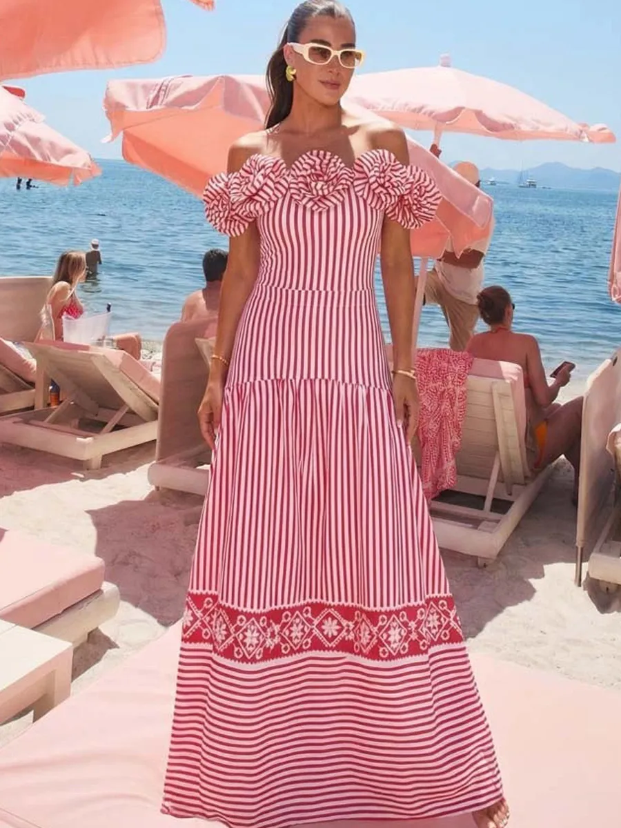 Estella 3D Floral-Embellished Striped Swimsuit Set