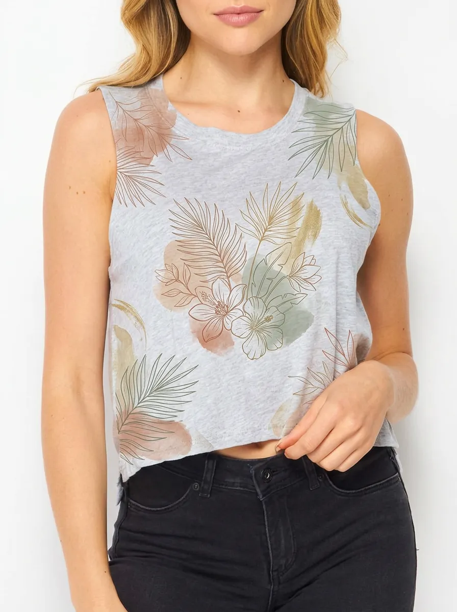Women's Tropical Floral Palm Leaf Watercolor Printed Crop Tank Top
