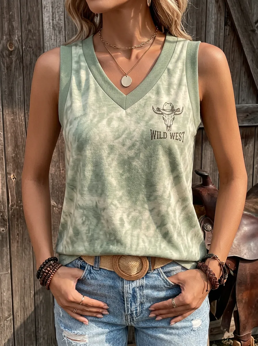 Women's Western Cowboy Skull Wild West Printed Tie-Dye Tank Top