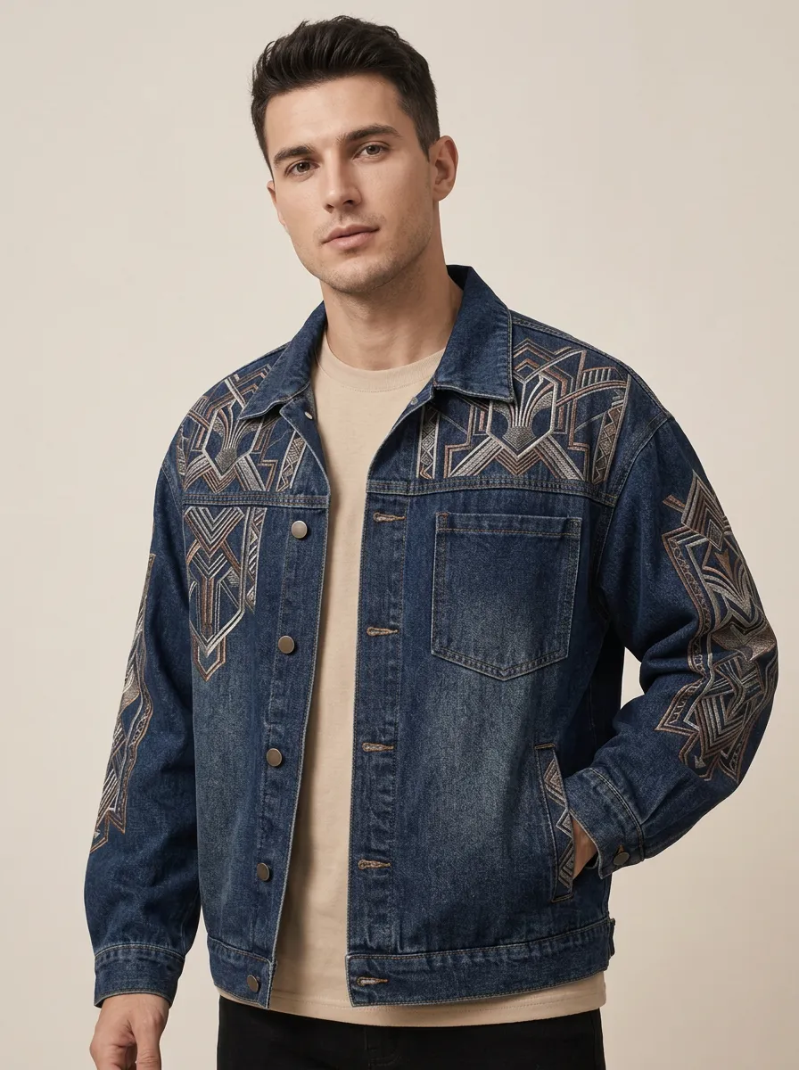 Men's Heritage Motif Geometric Printed Denim Jacket