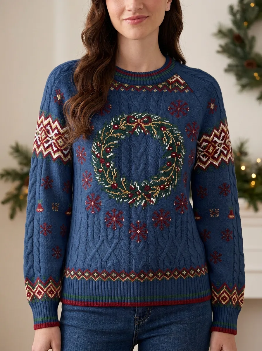 Christmas Holiday Wreath Snowflake Pattern Knitted Sweater