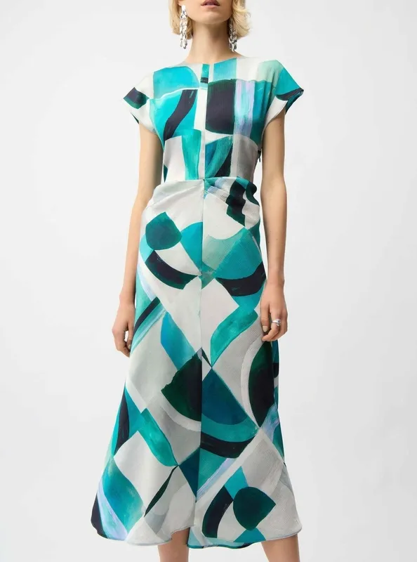 Satin Geometric Button-Front Midi Dress
