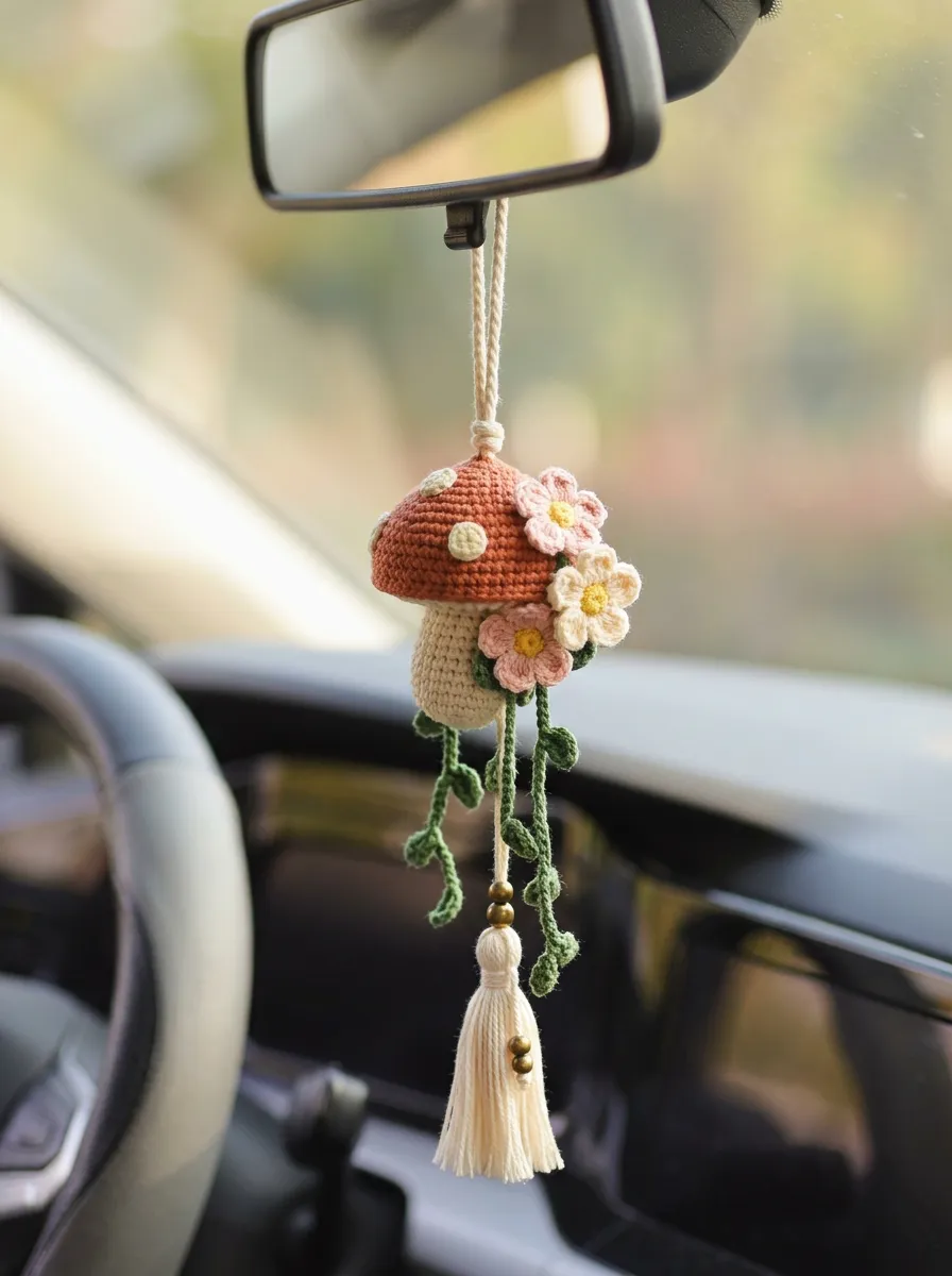 Crochet Mushroom Floral Rearview Mirror Hanging Ornament