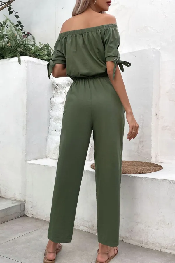 Shoulder Tie Cuff Pockets Jumpsuit