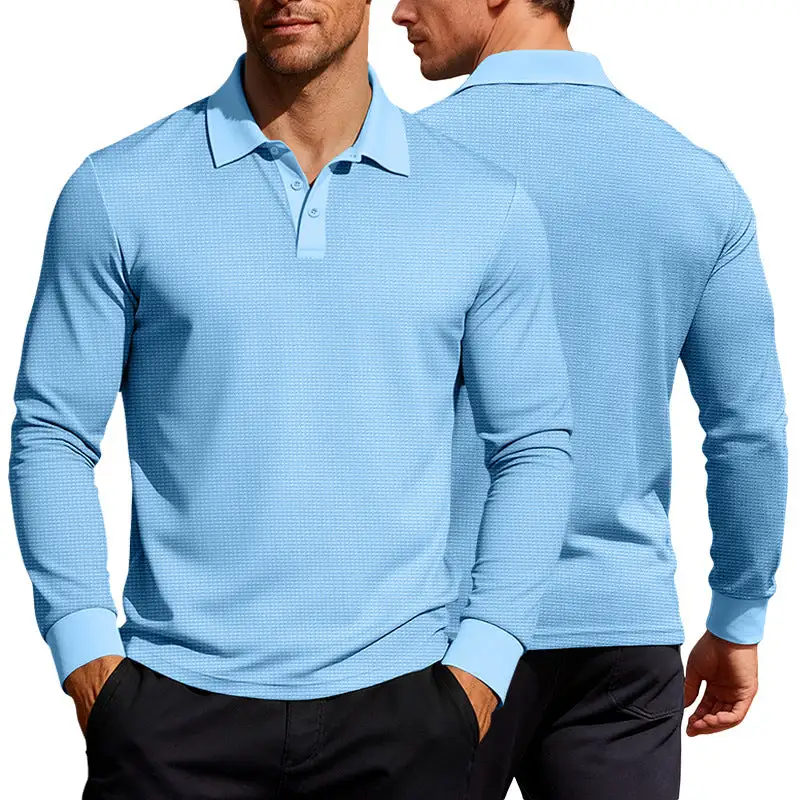Waffle Texture Button Placket Long Sleeve Slim Fit Polo Shirt