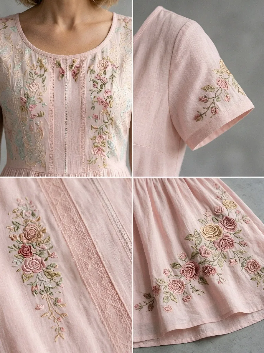 Women's Breast Cancer Awareness Rose Floral Embroidered Printed Dress