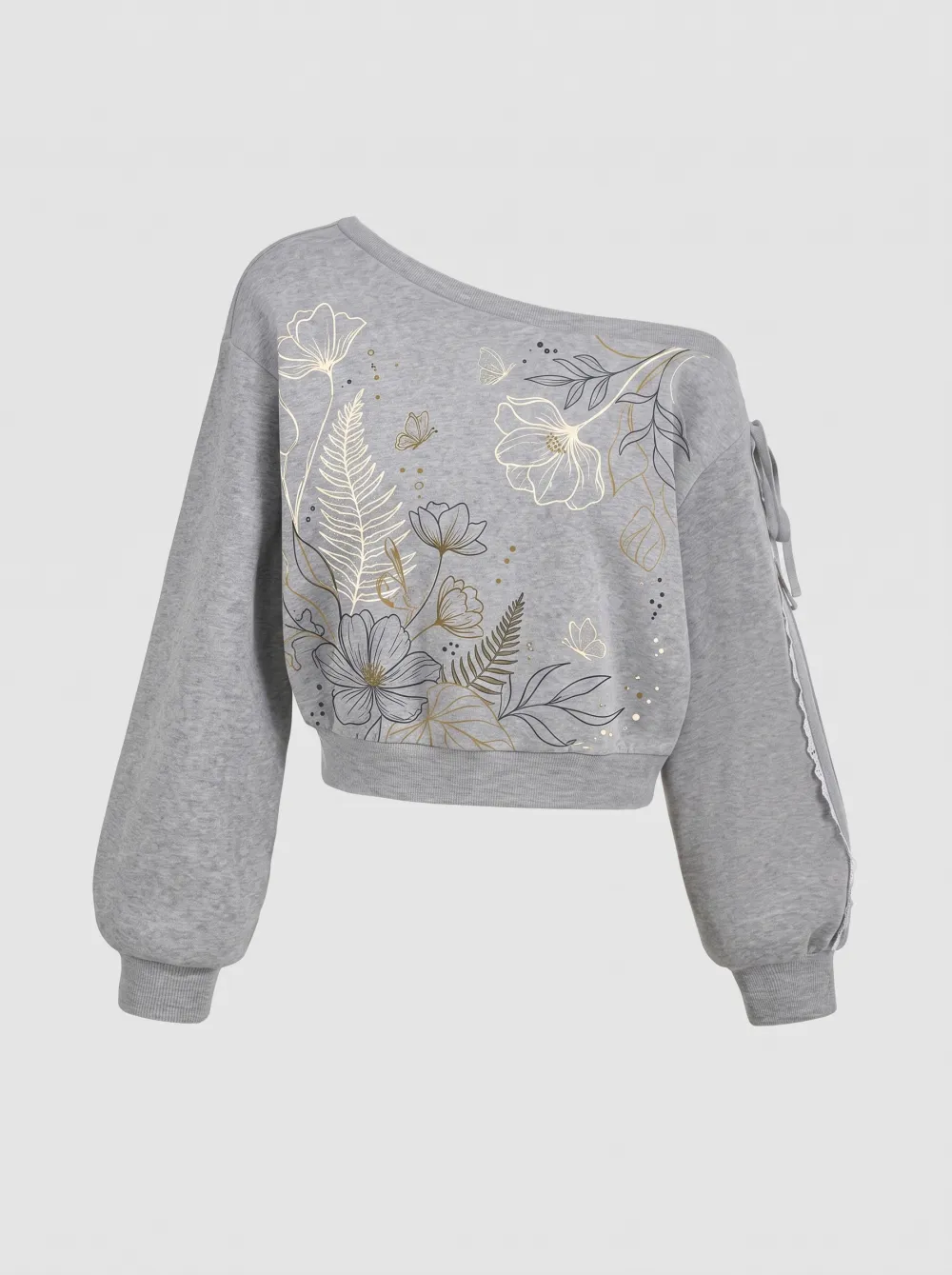 Women's Floral Butterfly Botanical Printed One-Shoulder Sweatshirt
