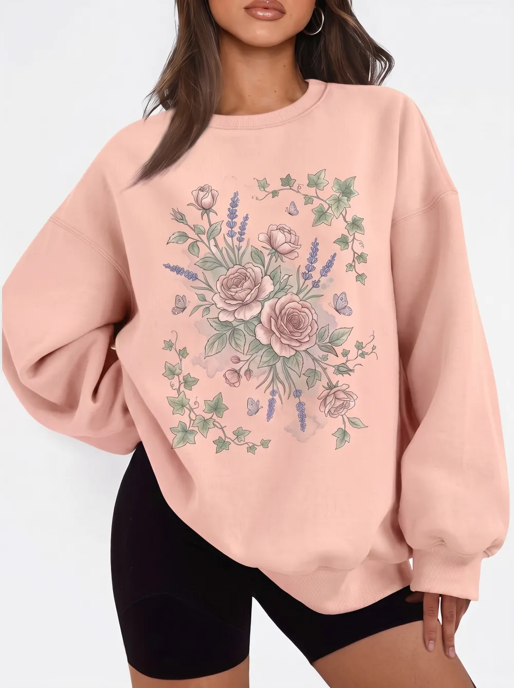Women's Botanical Rose Lavender Butterfly Printed Sweatshirt