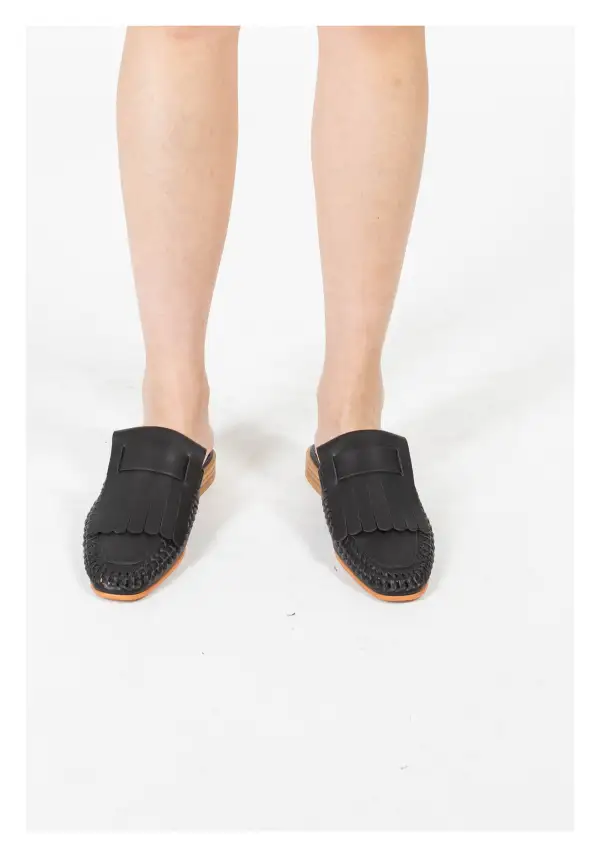 Faux Leather Woven Fringe Detail Slip On Mules