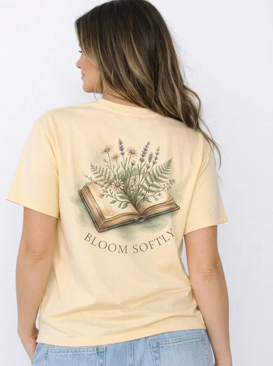 Women's Book Lover Floral Bloom Softly Printed T-shirt