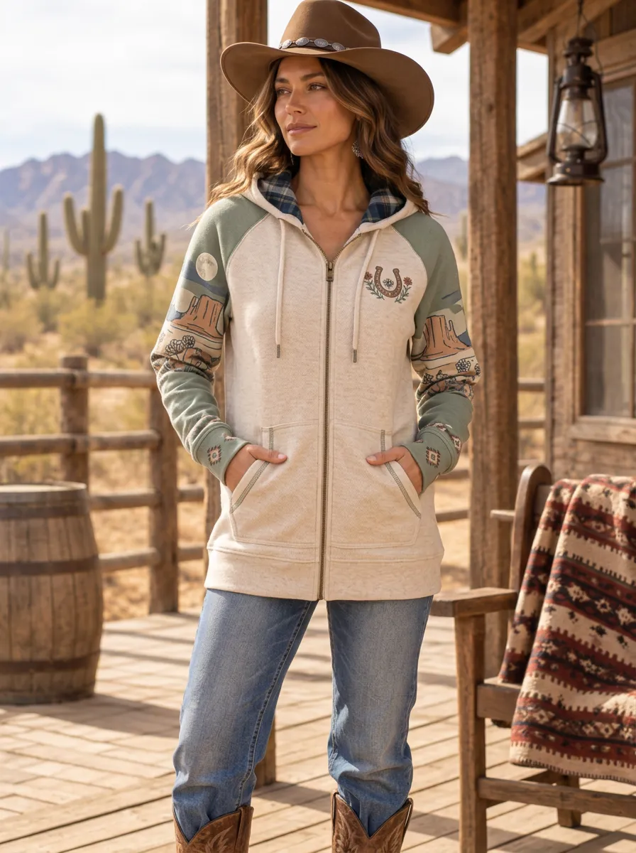 Women's Western Cowgirl Desert Cactus Horseshoe Printed Zip Hoodie