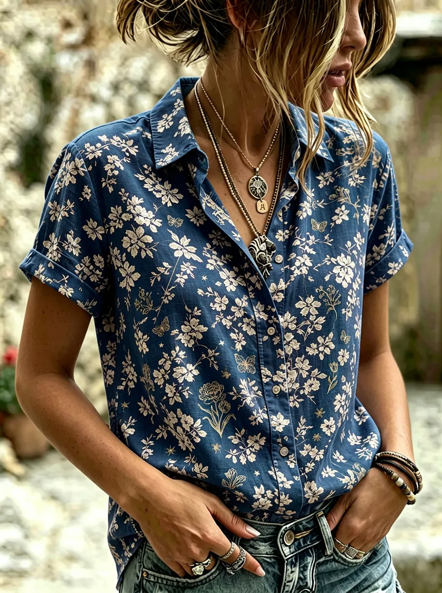 Women's Floral Butterfly Nature Printed Short Sleeve Button Shirt