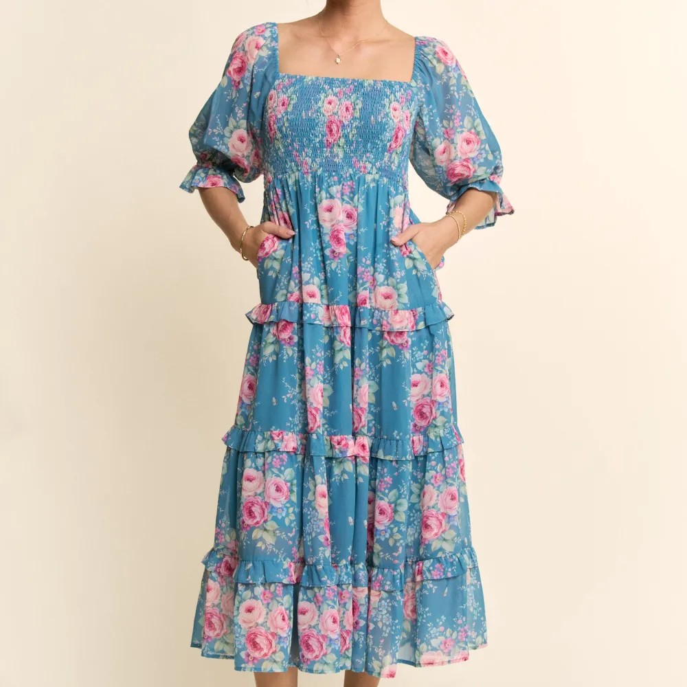 Floral Chiffon Smocked Tiered Dress
