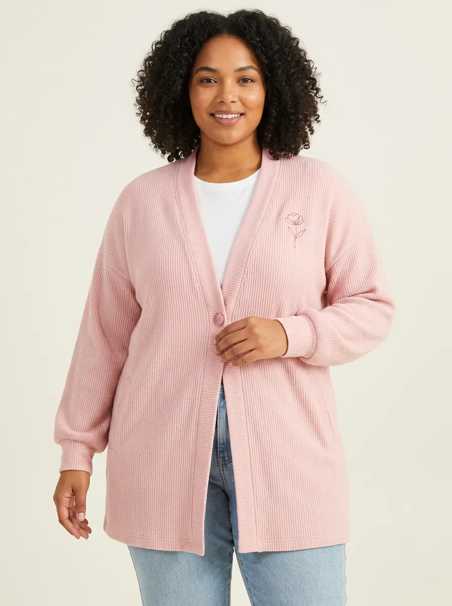 Women's Minimalist Floral Line Art Printed Ribbed Casual Cardigan