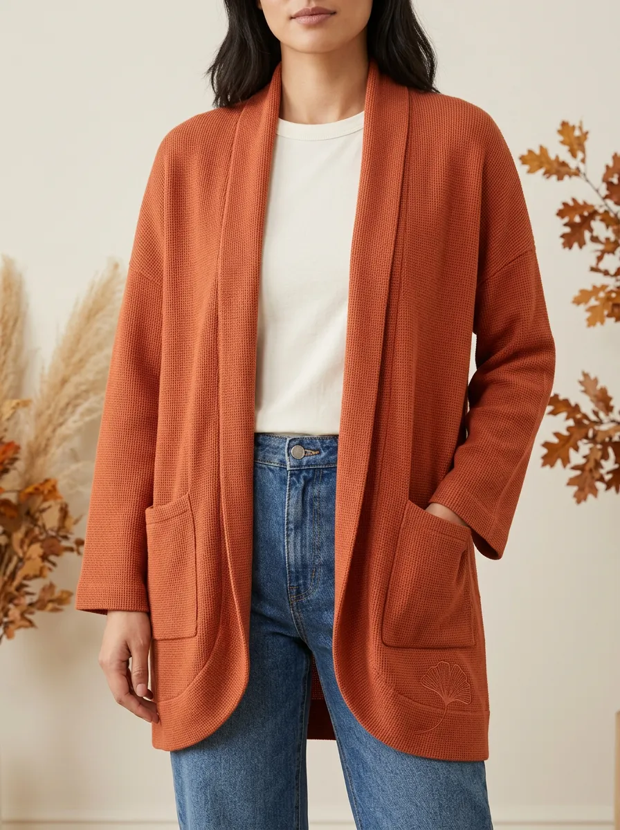 Classic Ginkgo-Leaf Embroidered Leaf-Motif Knit Cardigan