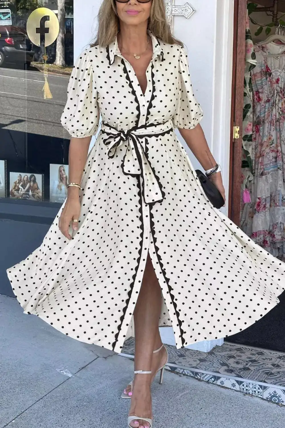 Half-Sleeve Polka-Dot Midi Dress
