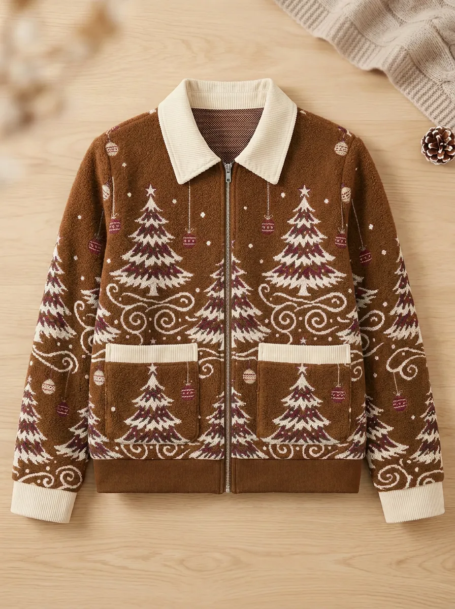 Unisex Christmas Holiday Tree Bauble Print Zip-up Jacket
