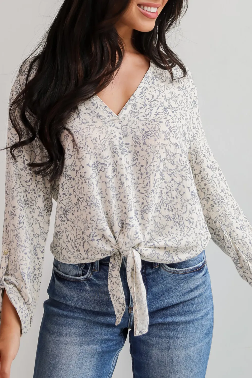 Cream Floral Tie-Front Blouse