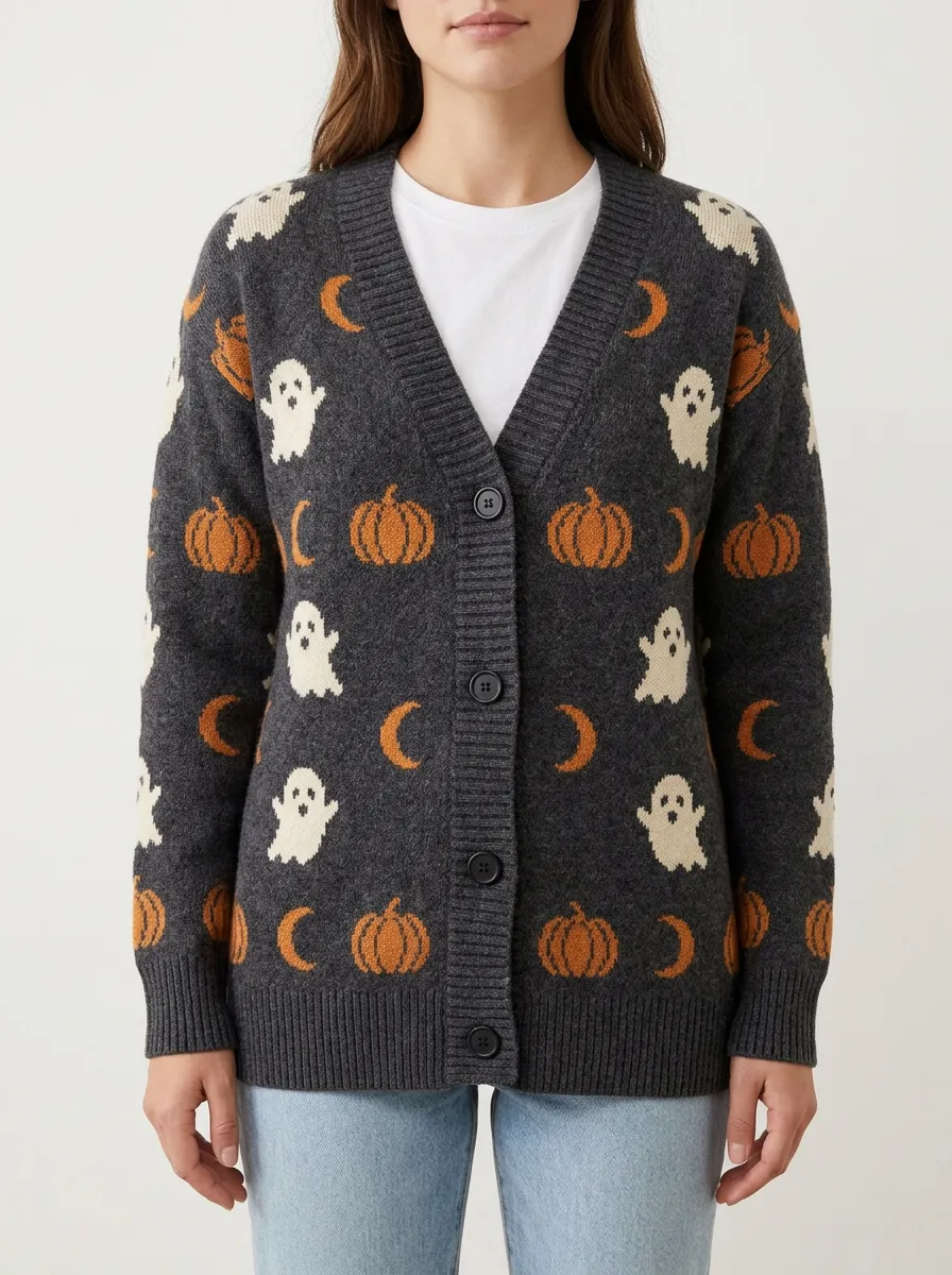 Women's Ghost Pumpkin Moon Halloween Print Cardigan
