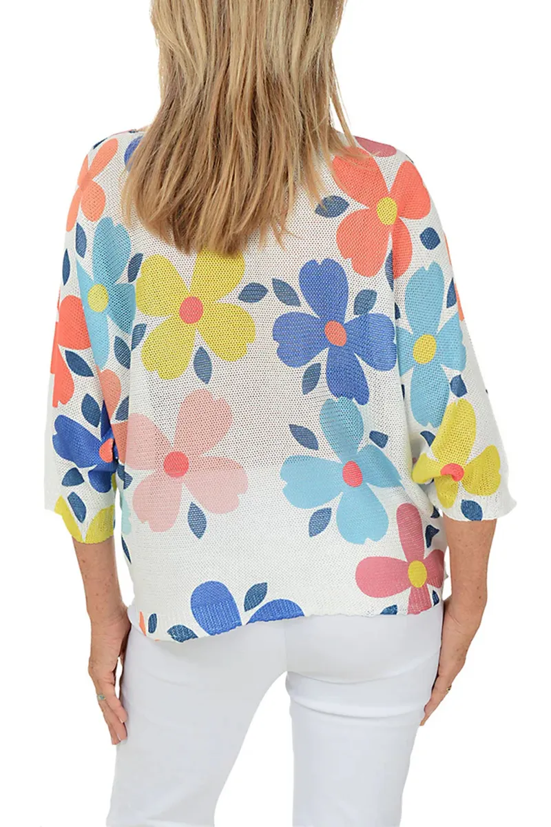 Flowers 3/4 Sleeve Lightweight Sweater