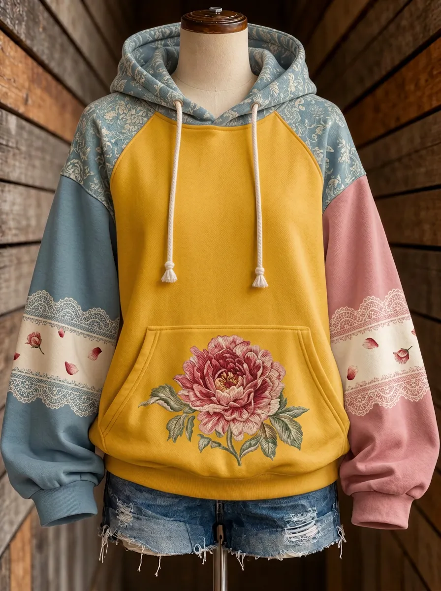 Women's Western Floral Peony Lace Patchwork Printed Hoodie