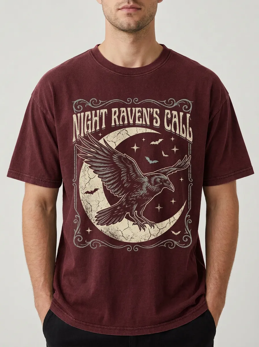 Men's Halloween Gothic Raven Moon Printed T-shirt