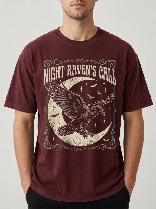 Men's Halloween Gothic Raven Moon Printed T-shirt