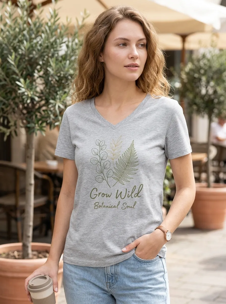 Women's Nature Lover Grow Wild Fern Botanical Printed V-Neck T-Shirt