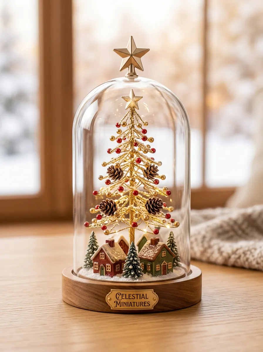 Gold Tree Village Glass Dome Christmas Tabletop Ornament