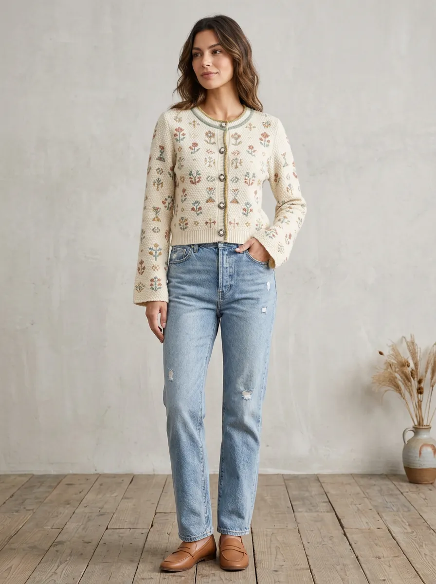 Women's Vintage Floral Pattern Knitted Printed Cardigan