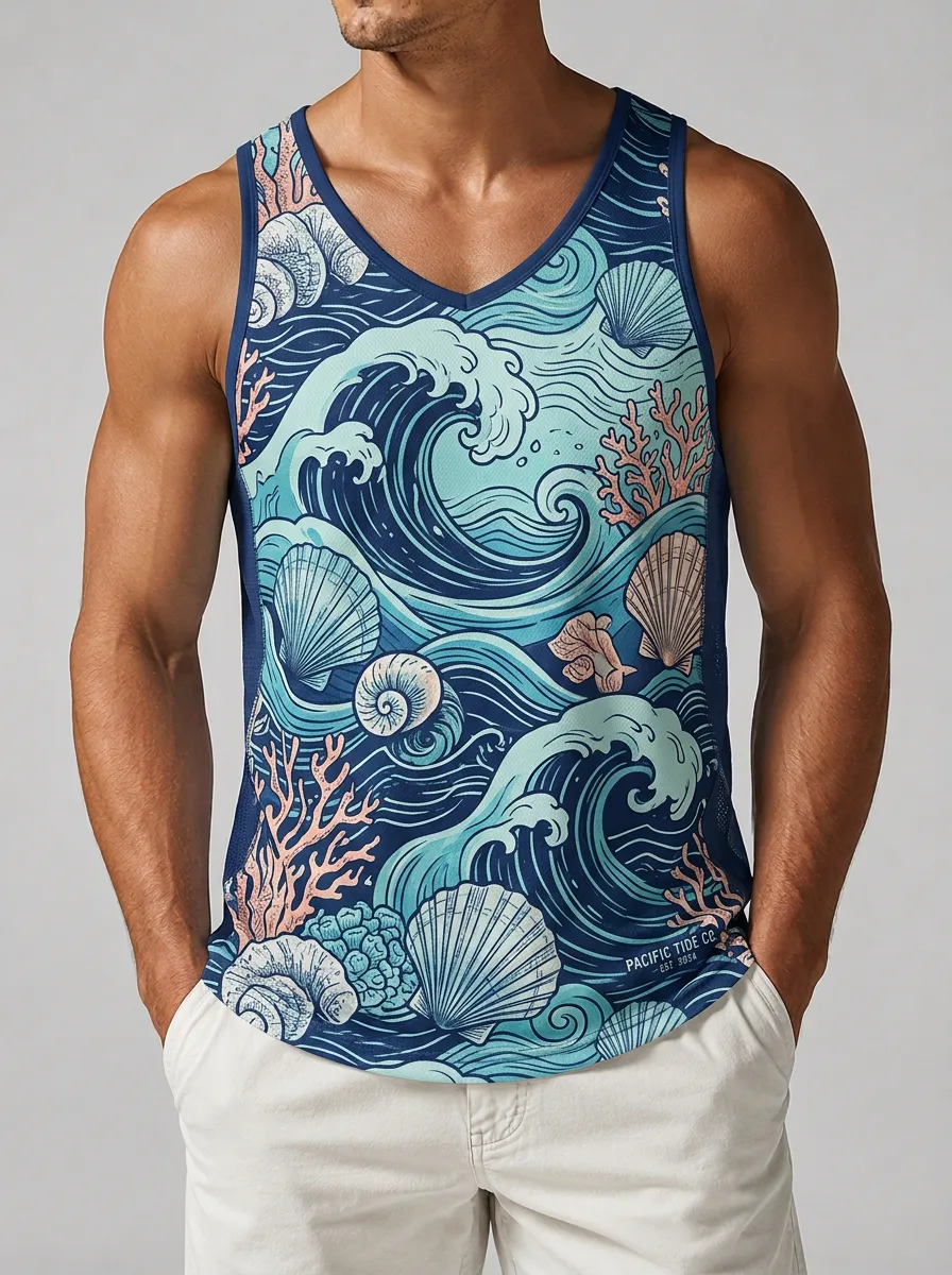 Men's Ocean Print V-Neck Tank Top