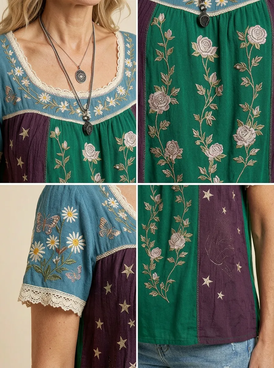 Women's Boho Floral Star Butterfly Embroidered Printed T-shirt