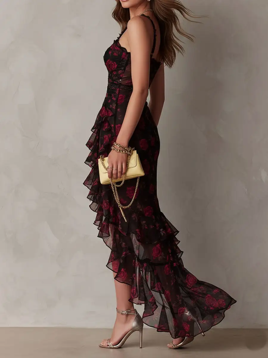 Boho Chic Black And Red Floral Ruched Lace-Trim Ruffle Hem Dress