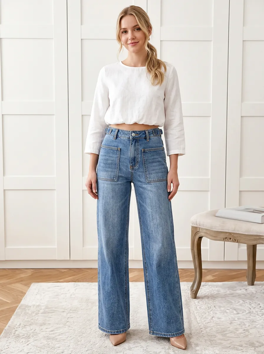Women's Casual Fashion Wide Leg Patch Pocket Denim Jeans