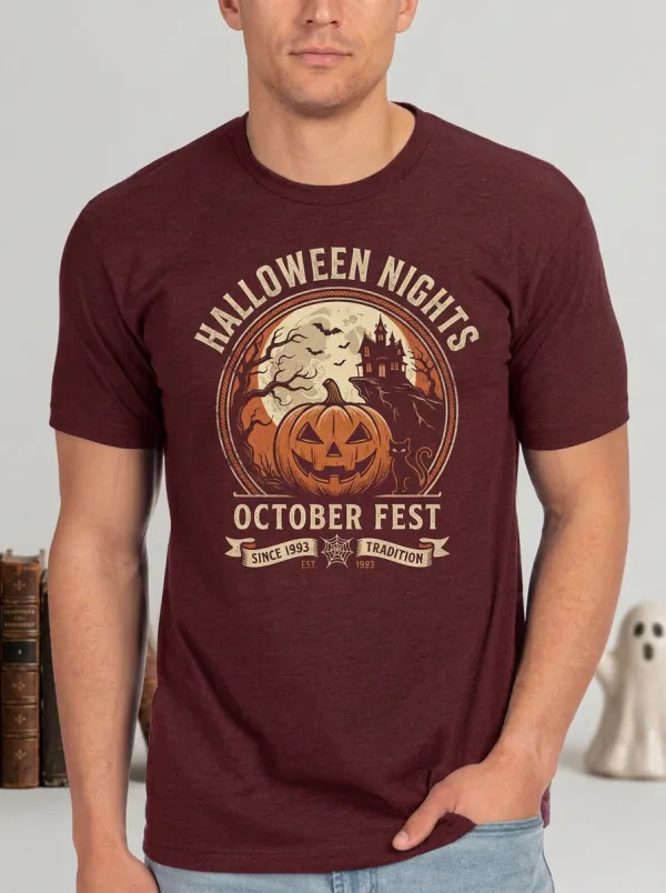 Men's Halloween Pumpkin Haunted House Cat Printed T-shirt