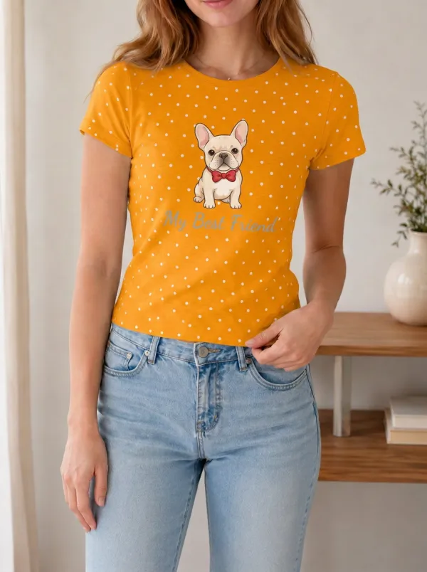 Women's French Bulldog Lover My Best Friend Polka Dot Printed T-shirt