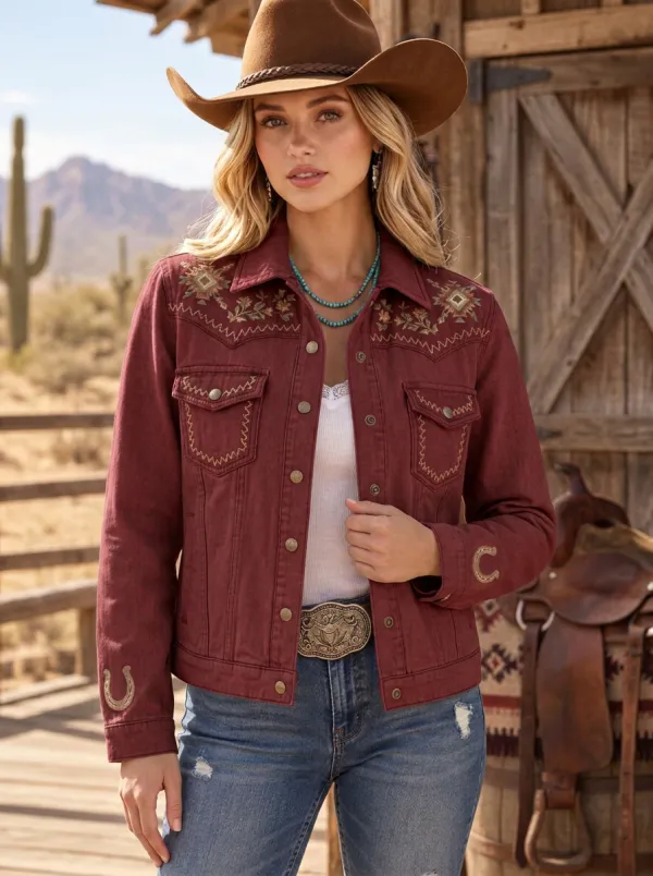 Women's Prairie Inspired Western Cowgirl Horseshoe Horse Floral Embroidered Denim Jacket