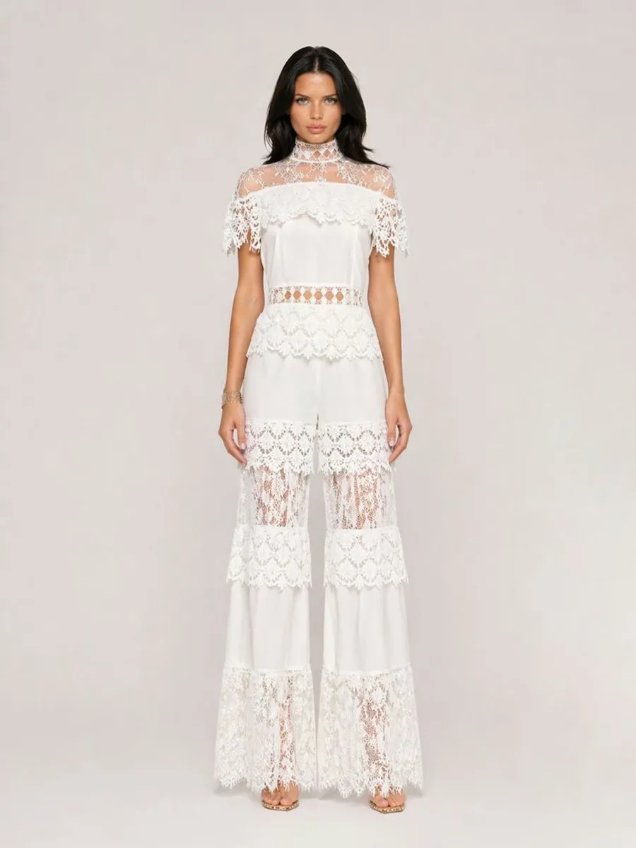 Ivana Elegant High-Neck Ruffled Short-Sleeved Lace Set
