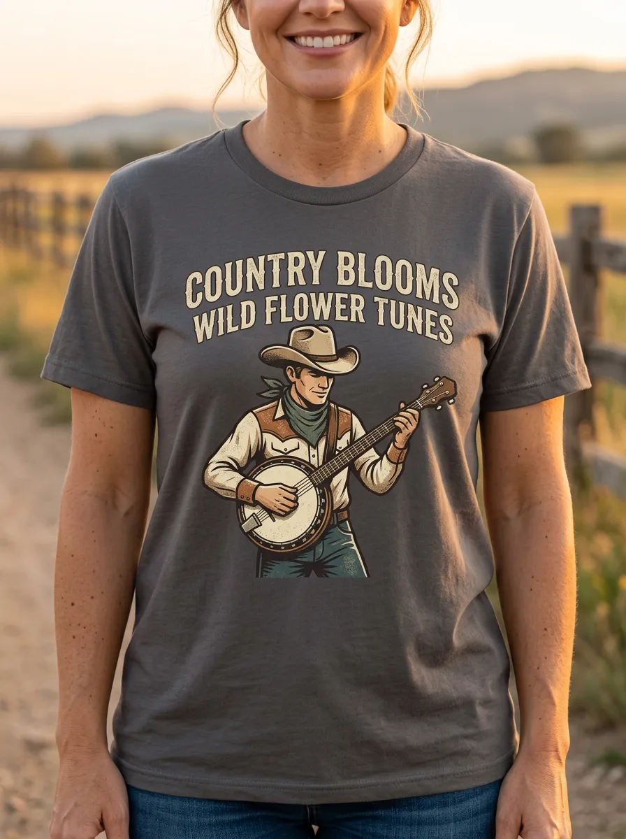 Country Music Cowboy Banjo Player Crew Neck T-Shirt